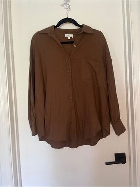 Hersy Brown Oversized Long Sleeve Button-Down Shirt Blouse - Size Small